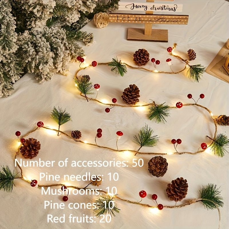 1pc Christmas Pine Needle & Mushroom String Lights, 20-LED Holiday Garland Fairy Lights for Home, Room, Office, Wedding & Wall Decor (Battery Not Included)