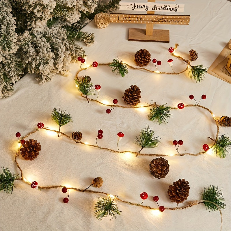 1pc Christmas Pine Needle & Mushroom String Lights, 20-LED Holiday Garland Fairy Lights for Home, Room, Office, Wedding & Wall Decor (Battery Not Included)