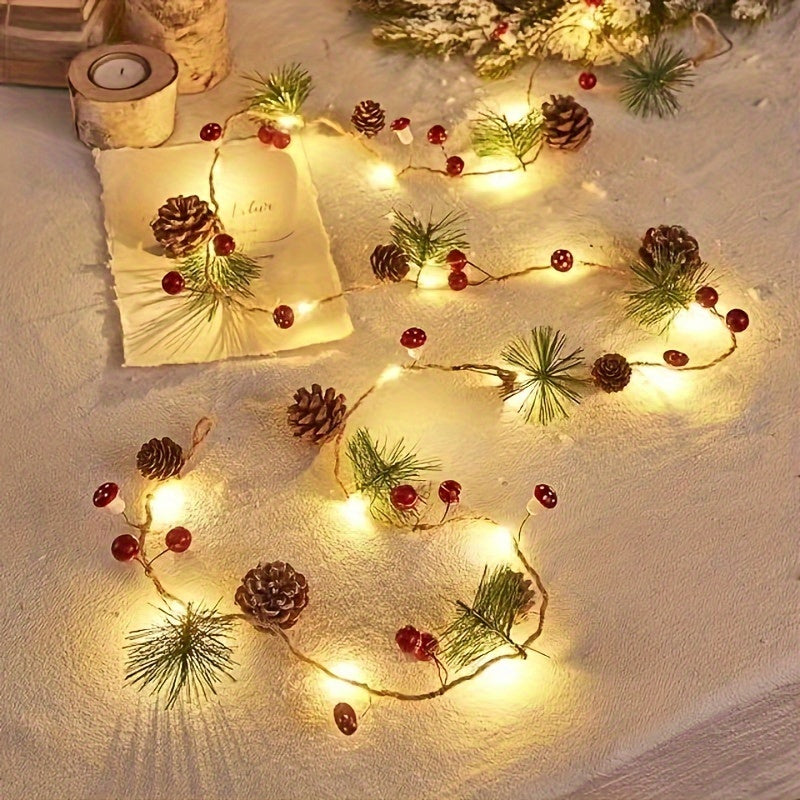 1pc Christmas Pine Needle & Mushroom String Lights, 20-LED Holiday Garland Fairy Lights for Home, Room, Office, Wedding & Wall Decor (Battery Not Included)