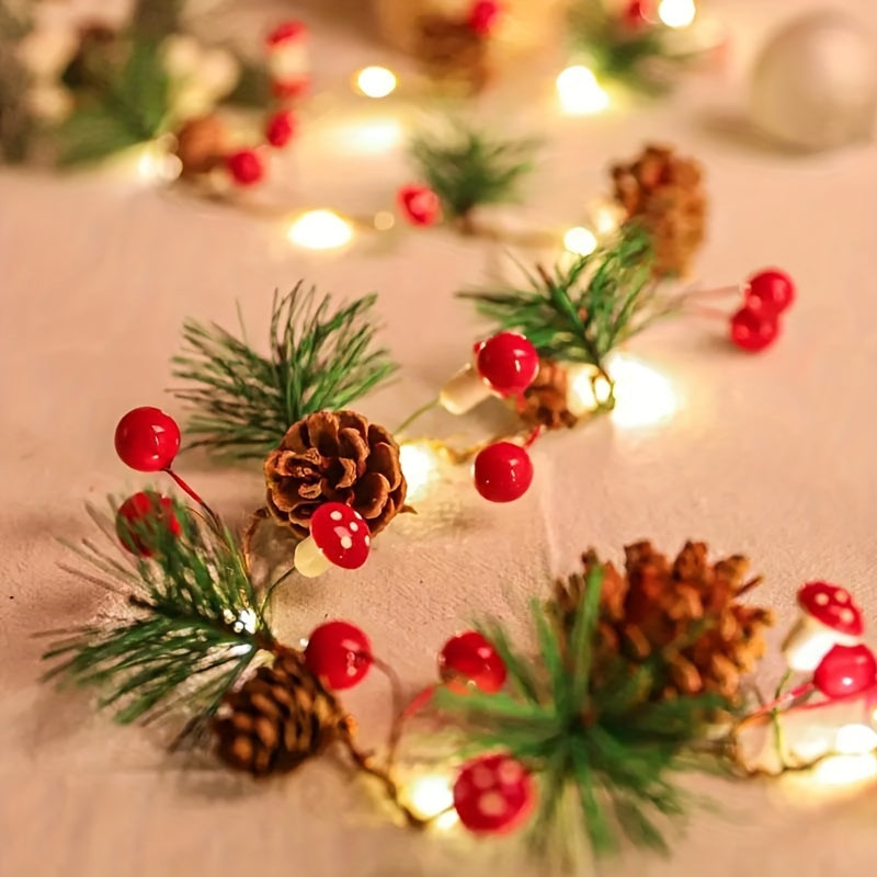 1pc Christmas Pine Needle & Mushroom String Lights, 20-LED Holiday Garland Fairy Lights for Home, Room, Office, Wedding & Wall Decor (Battery Not Included)