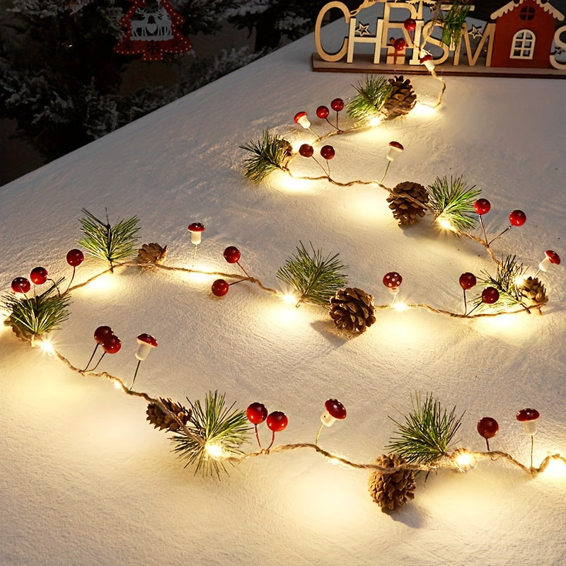 1pc Christmas Pine Needle & Mushroom String Lights, 20-LED Holiday Garland Fairy Lights for Home, Room, Office, Wedding & Wall Decor (Battery Not Included)