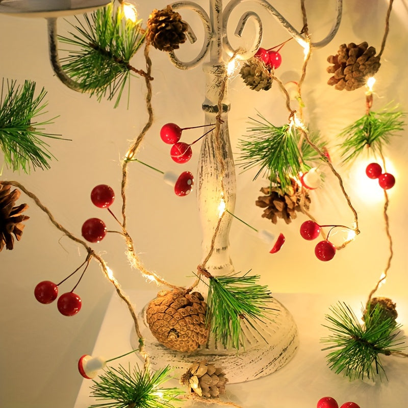 1pc Christmas Pine Needle & Mushroom String Lights, 20-LED Holiday Garland Fairy Lights for Home, Room, Office, Wedding & Wall Decor (Battery Not Included)