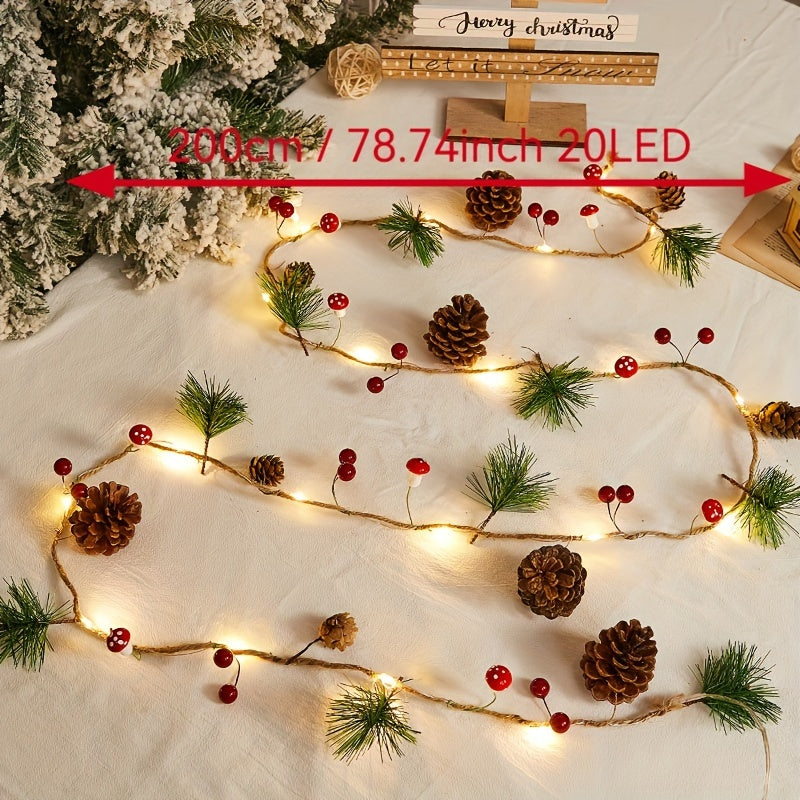 1pc Christmas Pine Needle & Mushroom String Lights, 20-LED Holiday Garland Fairy Lights for Home, Room, Office, Wedding & Wall Decor (Battery Not Included)
