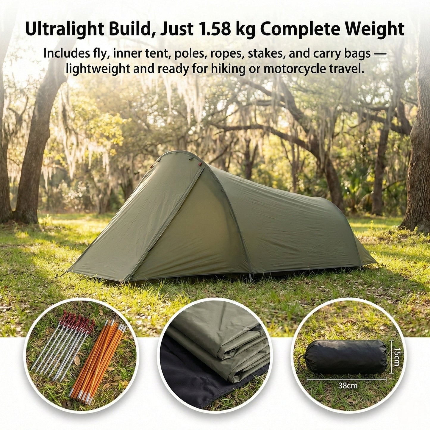 2-Person Ultralight Backpacking Tunnel Tent, 1.58 kg