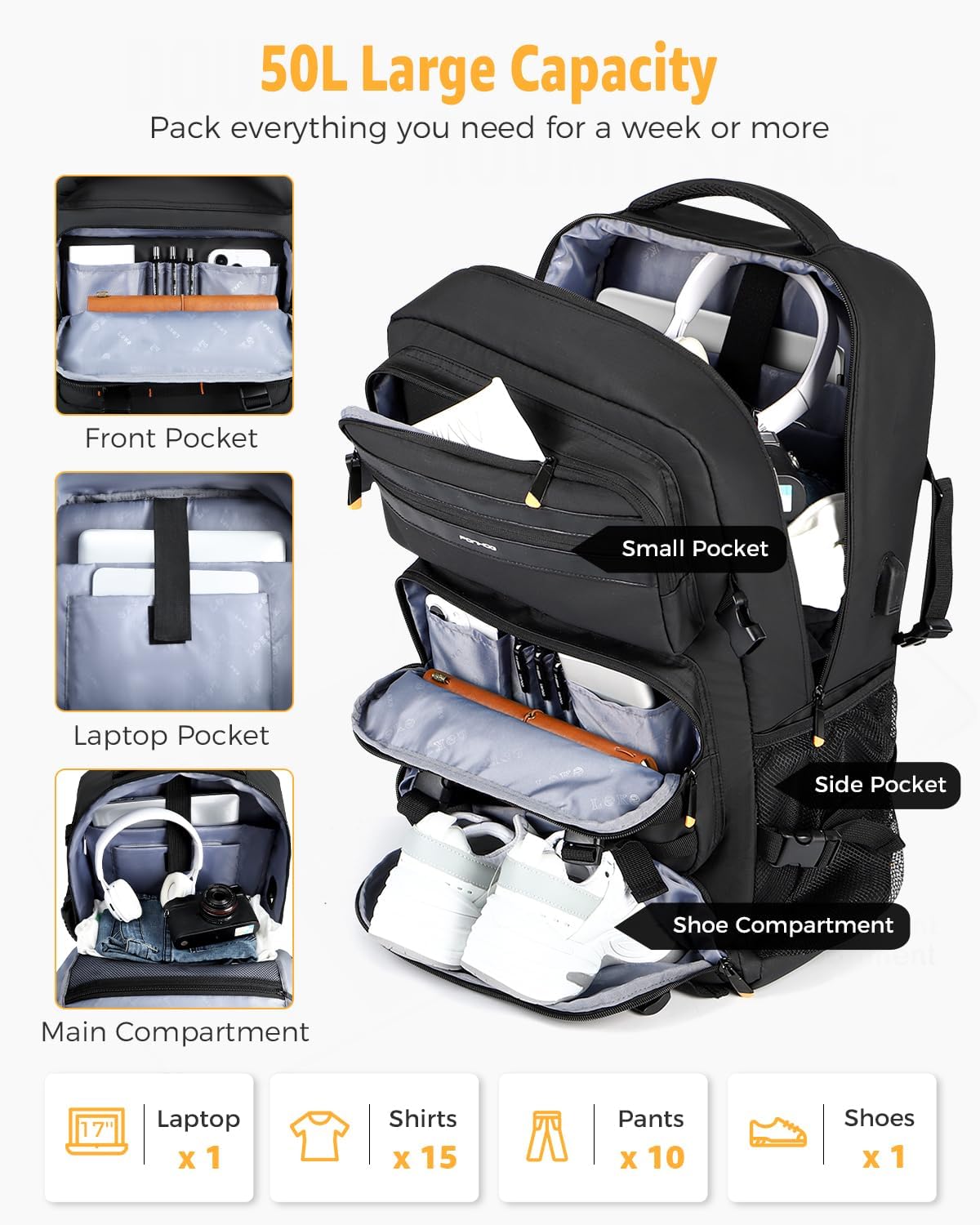 50L Airline-Approved Travel Backpack with Shoe Compartment and Fold-Away Carry Straps