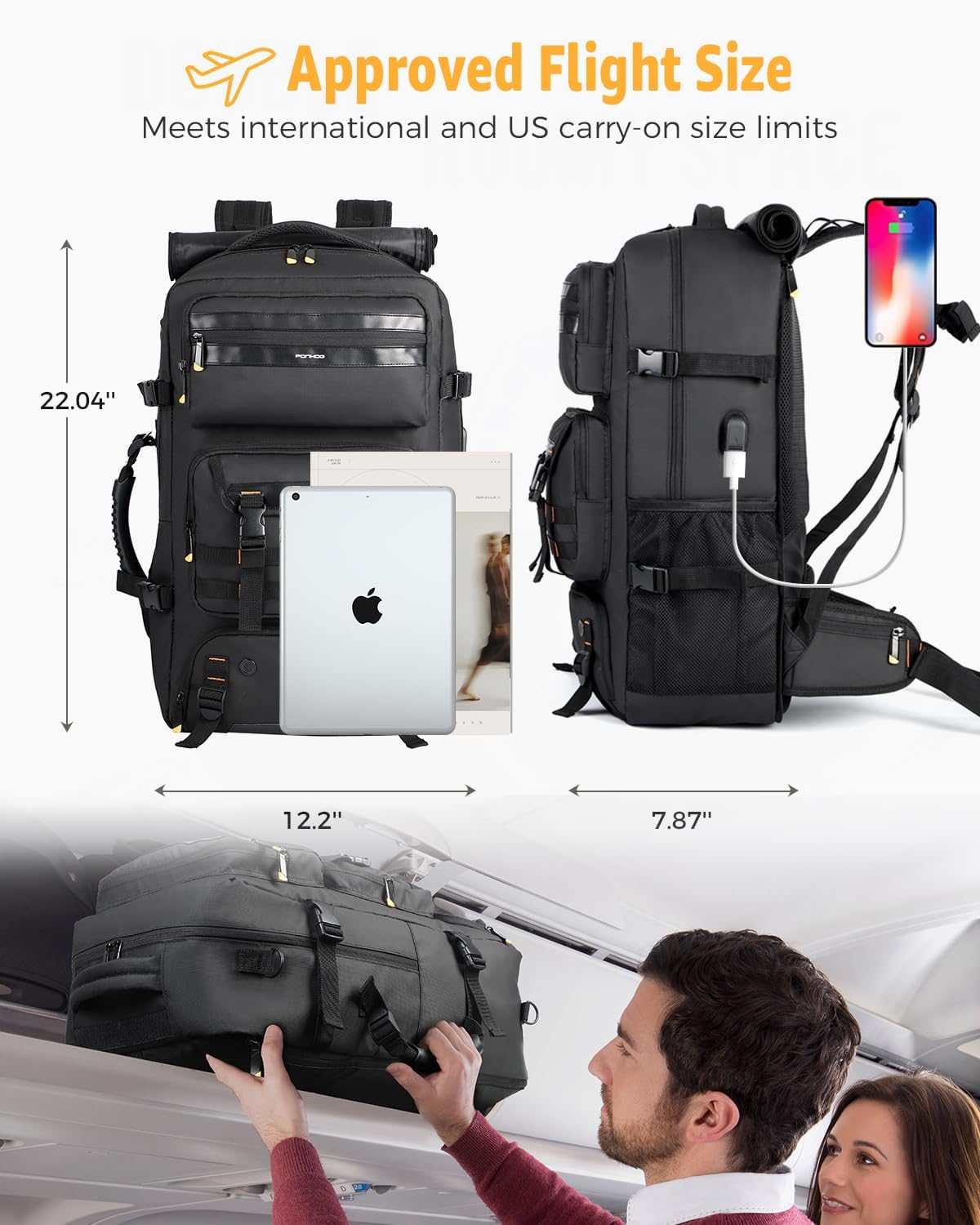 50L Airline-Approved Travel Backpack with Shoe Compartment and Fold-Away Carry Straps