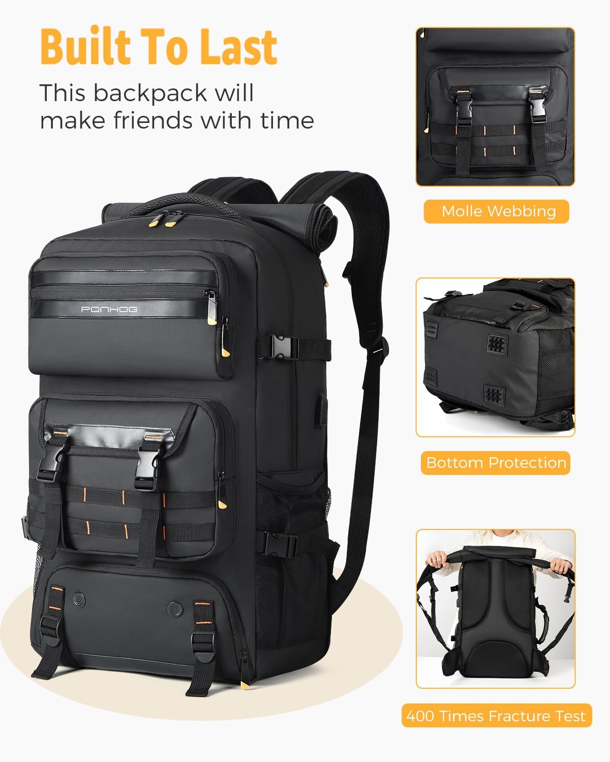 50L Airline-Approved Travel Backpack with Shoe Compartment and Fold-Away Carry Straps