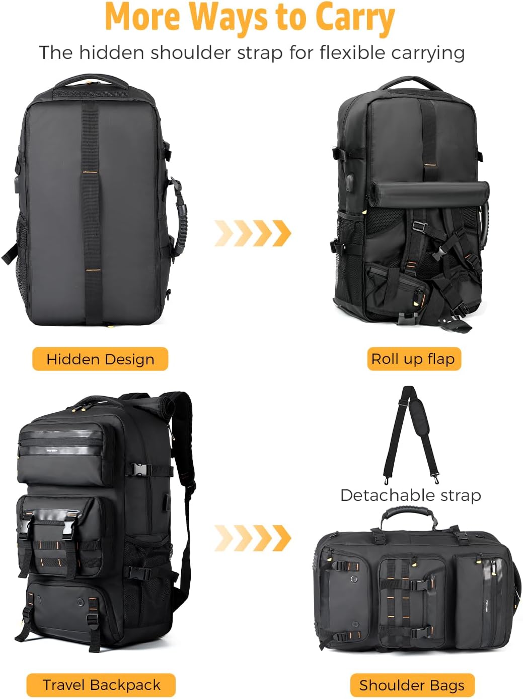 50L Airline-Approved Travel Backpack with Shoe Compartment and Fold-Away Carry Straps
