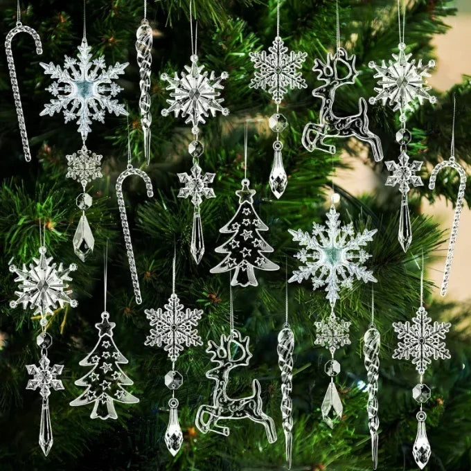 Acrylic Snowflake and Icicle Christmas Ornaments - Clear Crystal Hanging Decorations