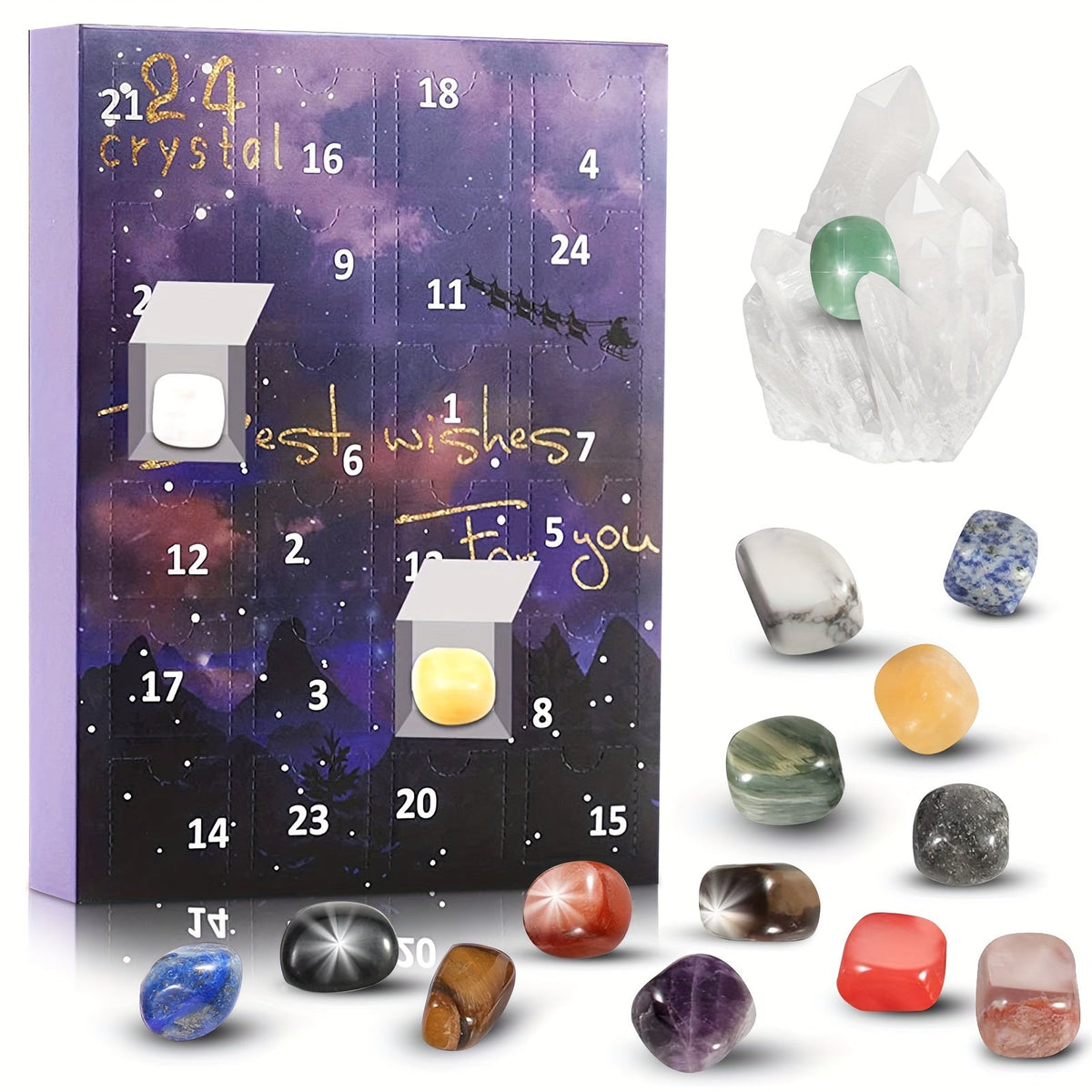 Advent Calendar with 24 Natural Crystals | Christmas Countdown Seasonal Decoration