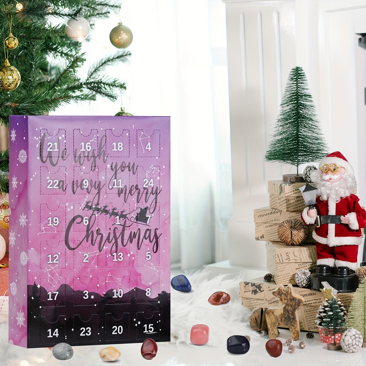 Advent Calendar with 24 Natural Crystals | Christmas Countdown Seasonal Decoration
