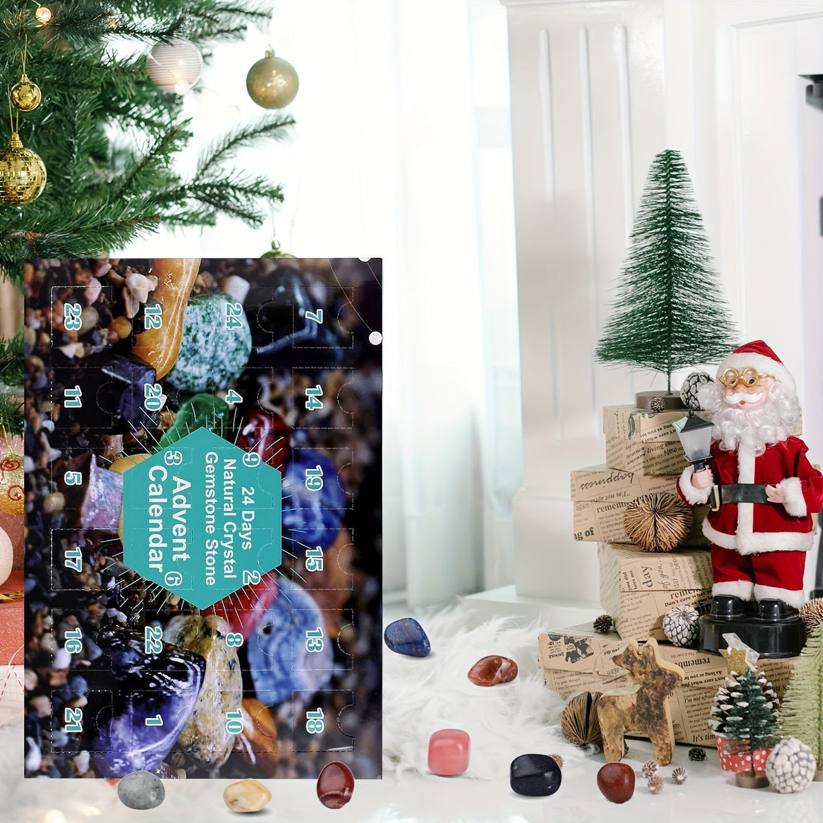 Advent Calendar with 24 Natural Crystals | Christmas Countdown Seasonal Decoration