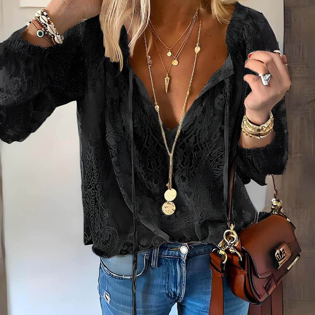 Image of Allison | Women's Long Sleeve V-Neck Tie Neck Blouse