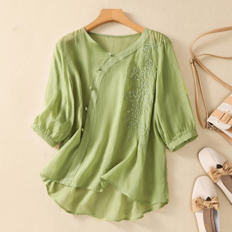 Image of Angela | Women's Embroidered V-Neck Blouson Sleeve Top