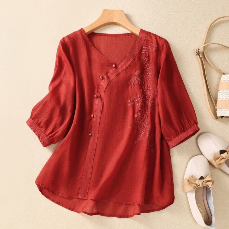 Image of Angela | Women's Embroidered V-Neck Blouson Sleeve Top