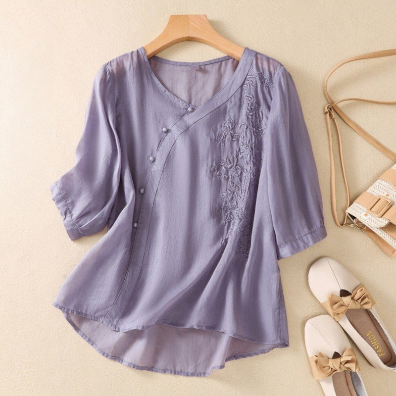 Image of Angela | Women's Embroidered V-Neck Blouson Sleeve Top