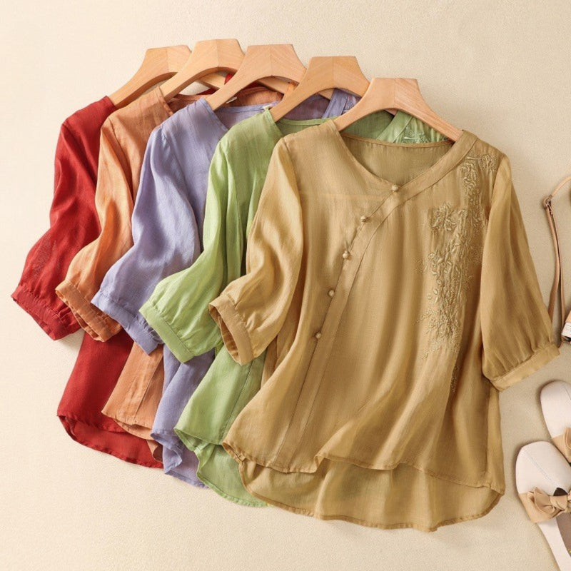Image of Angela | Women's Embroidered V-Neck Blouson Sleeve Top