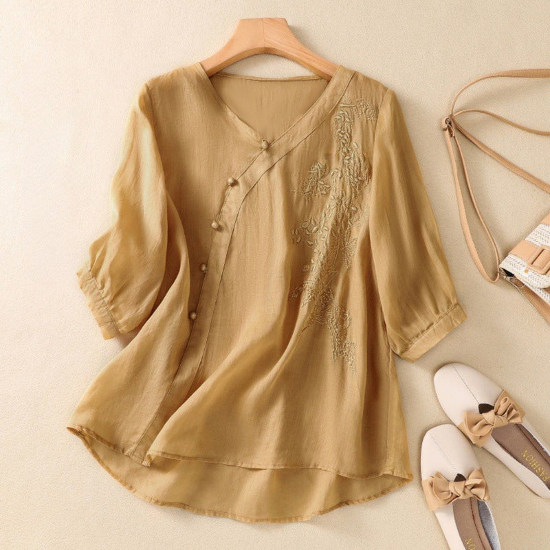 Image of Angela | Women's Embroidered V-Neck Blouson Sleeve Top