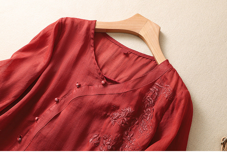Image of Angela | Women's Embroidered V-Neck Blouson Sleeve Top
