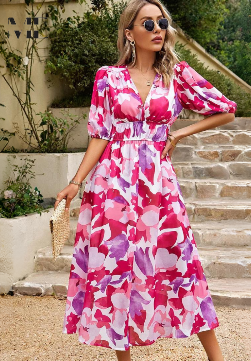 Image of April | Women's V-Neck A-Line Midi Dress