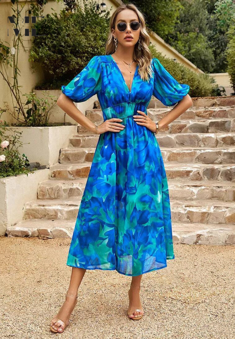 Image of April | Women's V-Neck A-Line Midi Dress