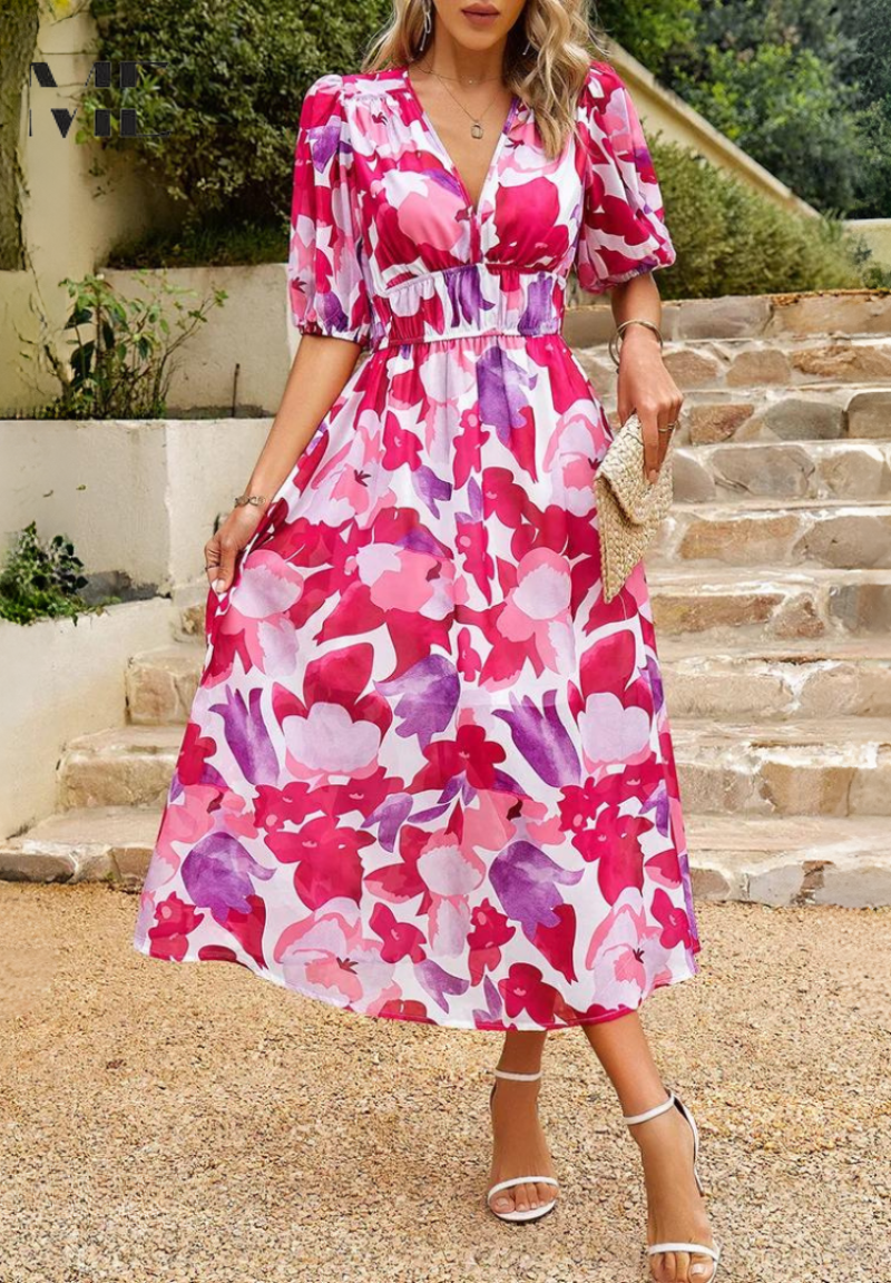 Image of April | Women's V-Neck A-Line Midi Dress