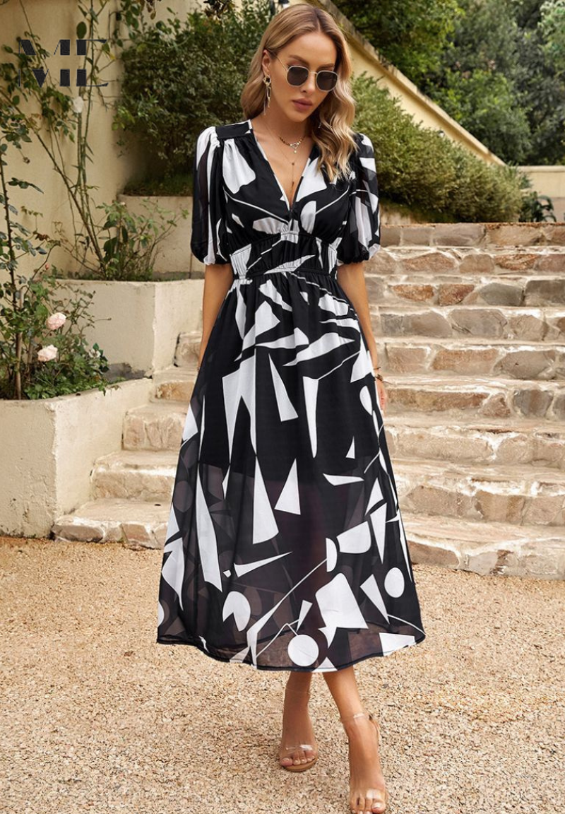 Image of April | Women's V-Neck A-Line Midi Dress