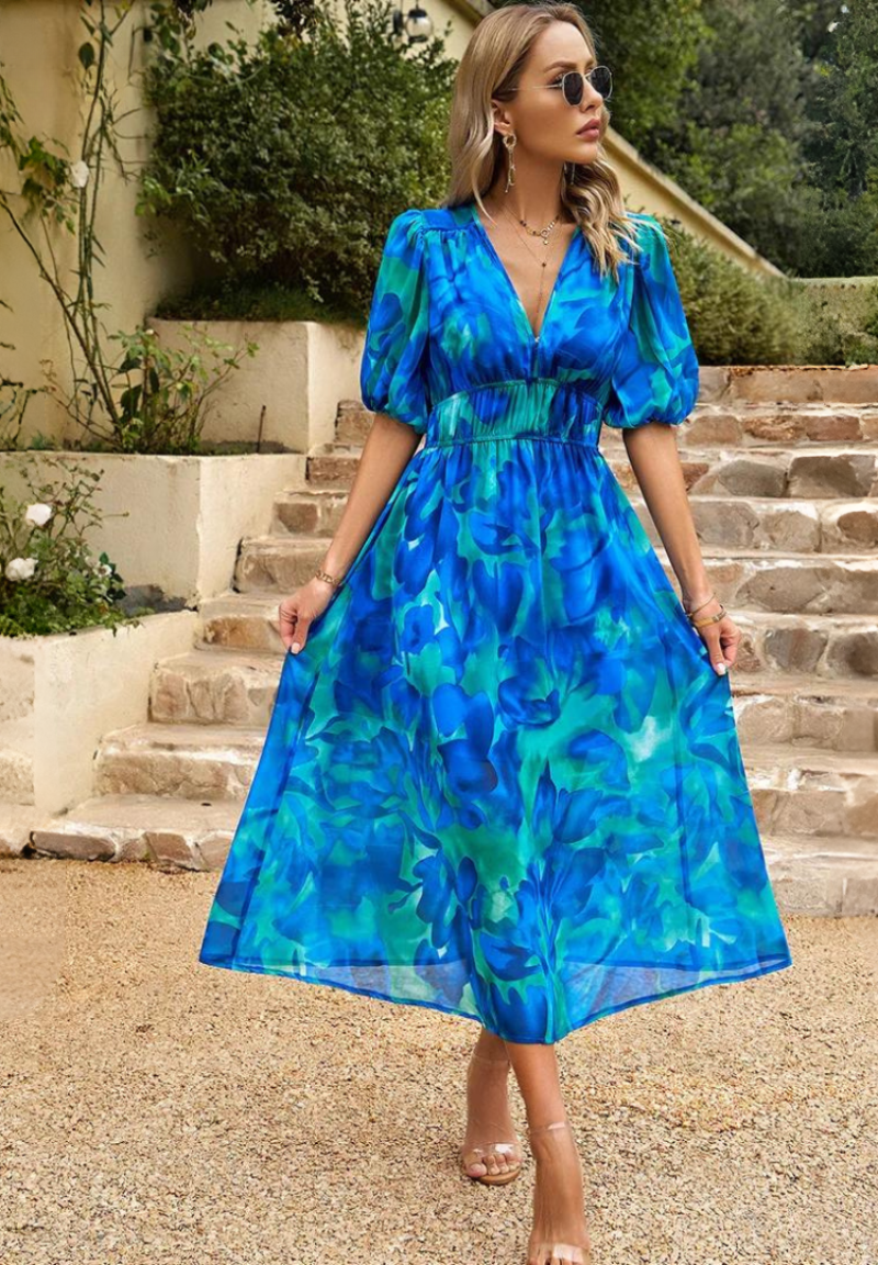 Image of April | Women's V-Neck A-Line Midi Dress