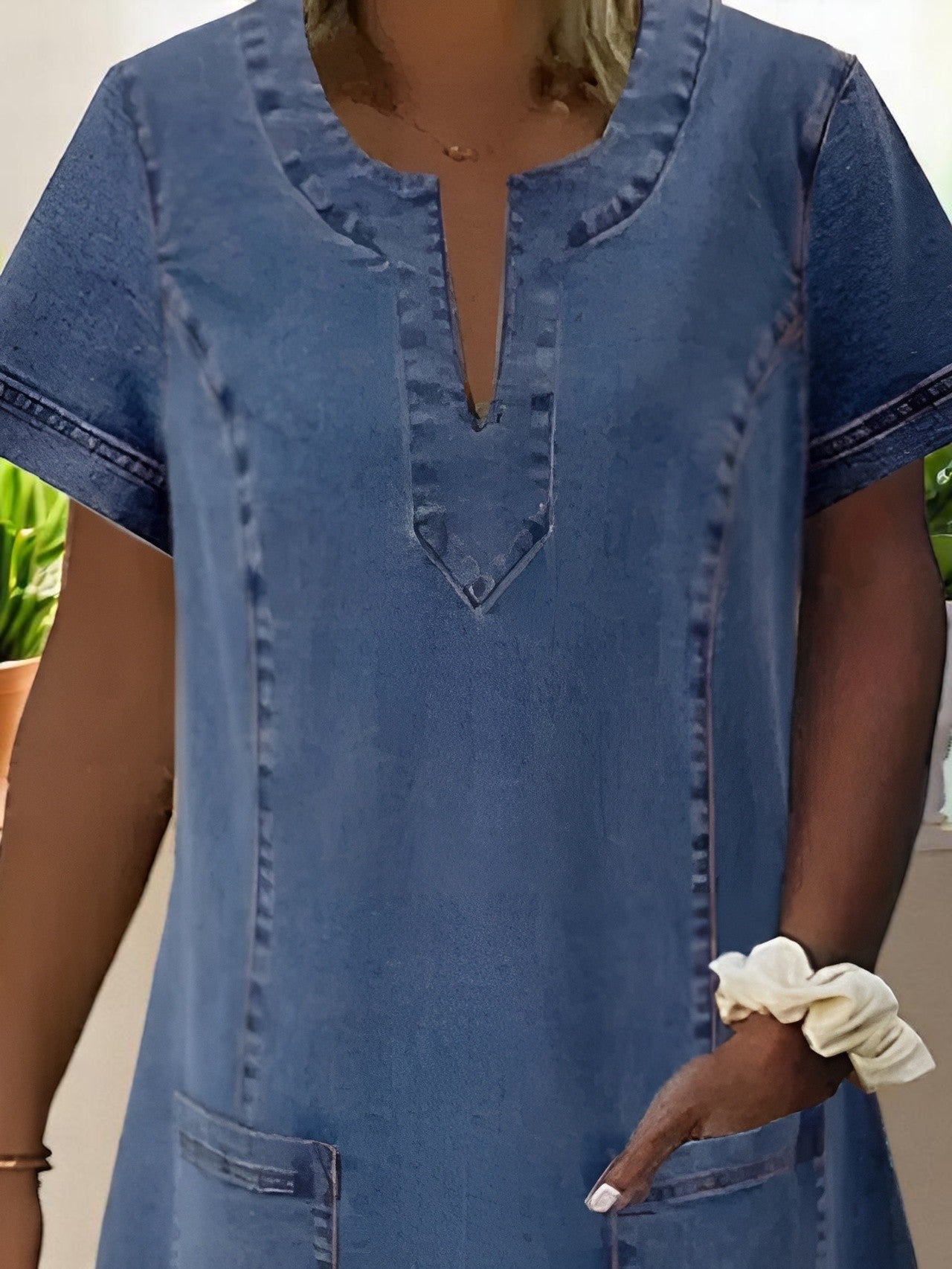Image of April | Women's V-Neck Denim A-Line Mini Dress