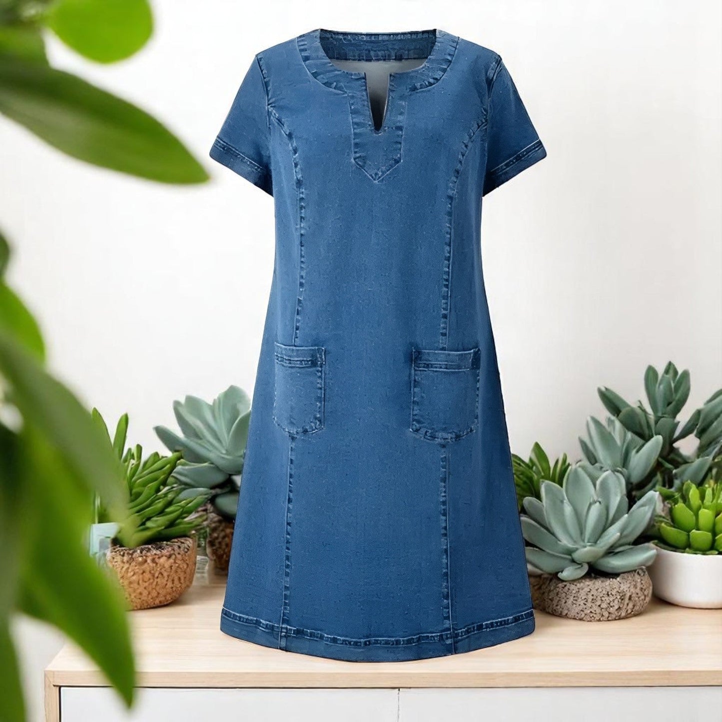 Image of April | Women's V-Neck Denim A-Line Mini Dress