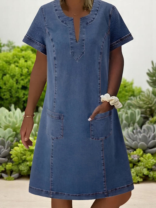 Image of April | Women's V-Neck Denim A-Line Mini Dress