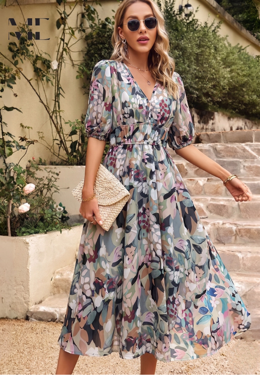 April | Women's V-Neck A-Line Midi Dress - Image 1