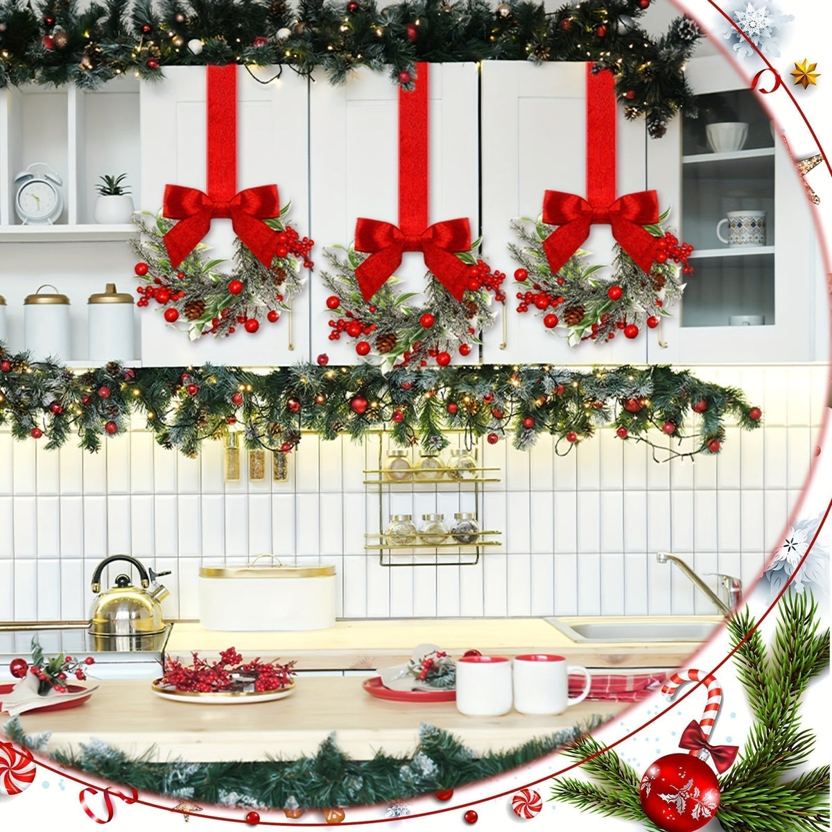 Artificial Christmas Wreath with Synthetic Pine Branches, Red Bow and Pinecone Accents