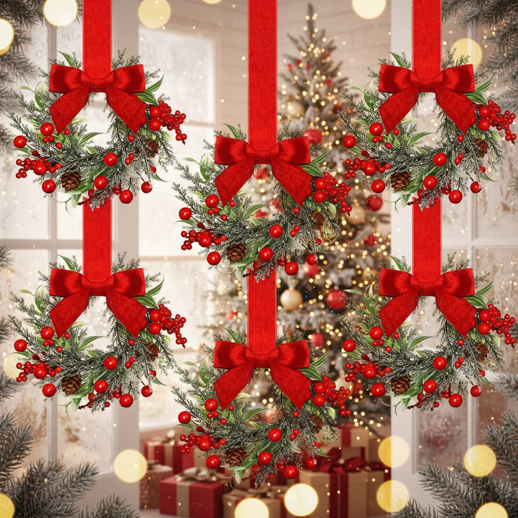 Artificial Christmas Wreath with Synthetic Pine Branches, Red Bow and Pinecone Accents
