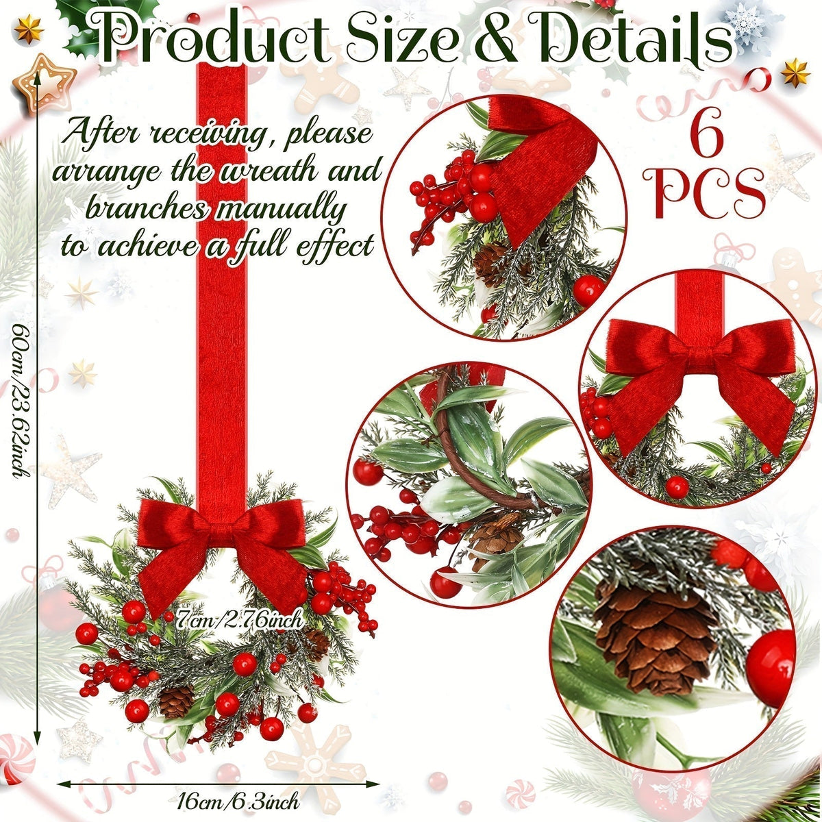 Artificial Christmas Wreath with Synthetic Pine Branches, Red Bow and Pinecone Accents