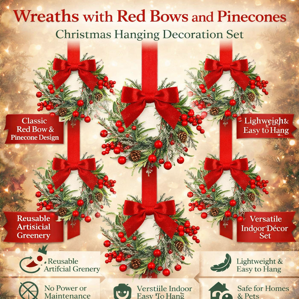 Artificial Christmas Wreath with Synthetic Pine Branches, Red Bow and Pinecone Accents