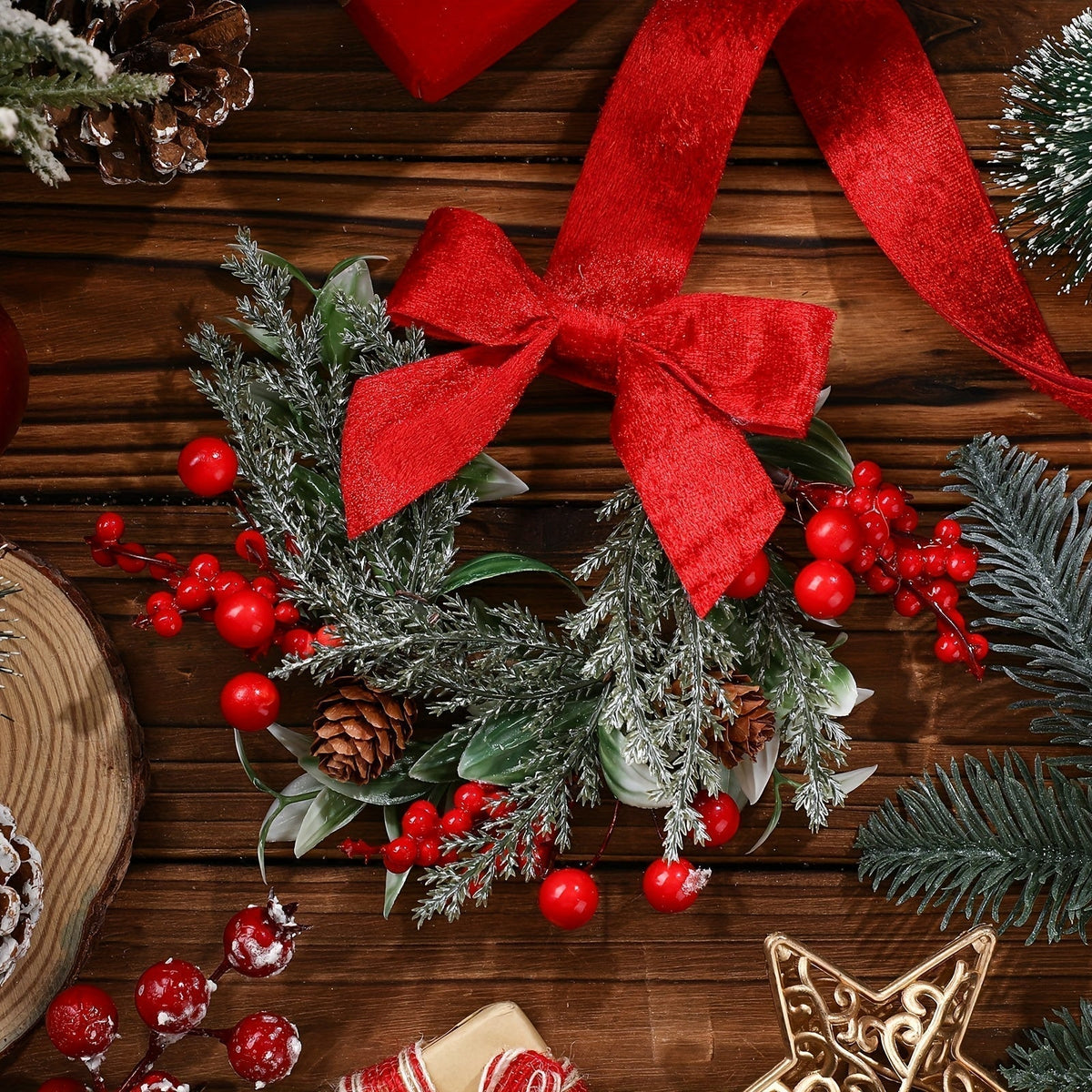 Artificial Christmas Wreath with Synthetic Pine Branches, Red Bow and Pinecone Accents