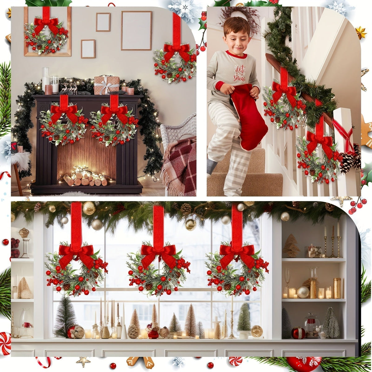 Artificial Christmas Wreath with Synthetic Pine Branches, Red Bow and Pinecone Accents
