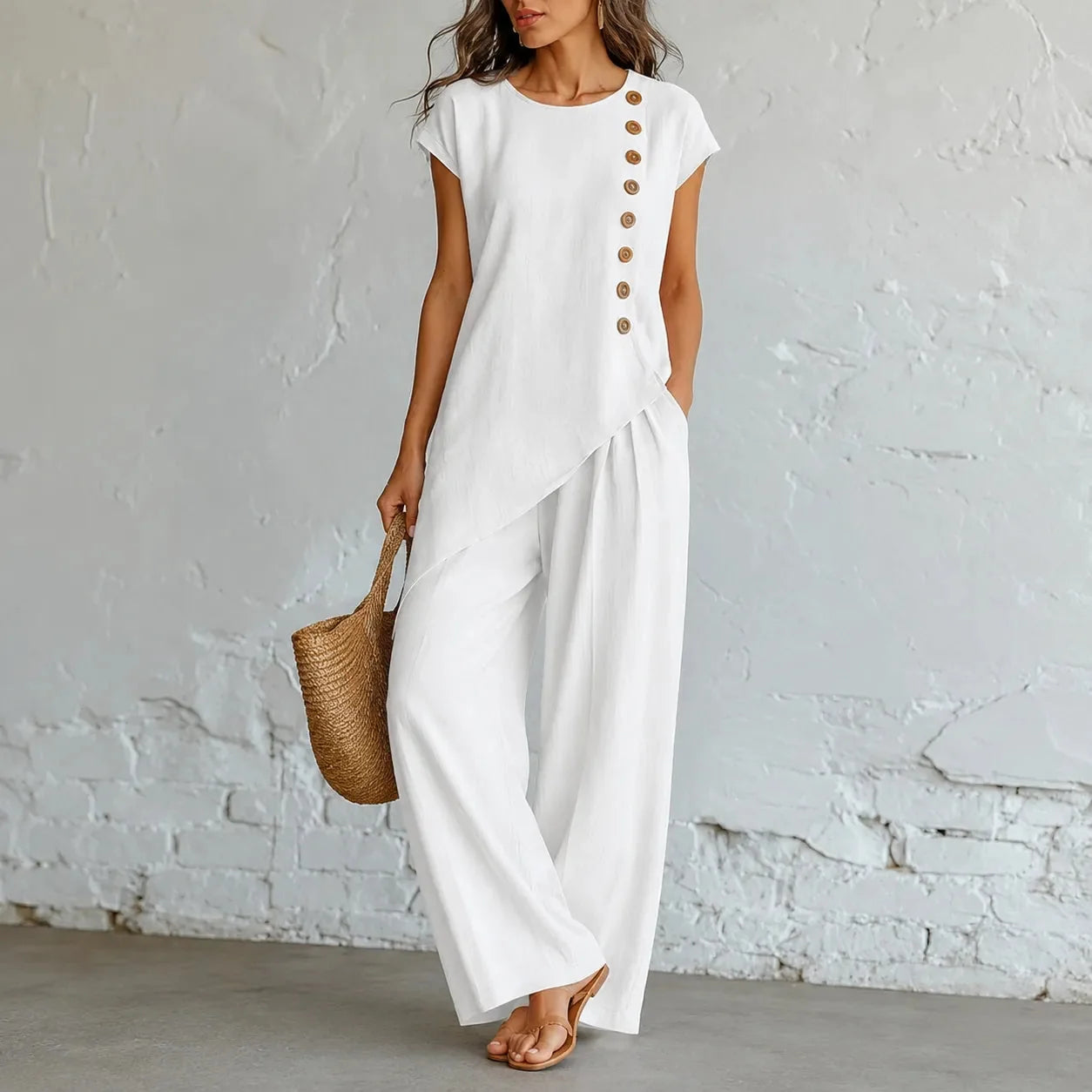 Asymmetric Hem Matching Set with Wide-Leg Pants