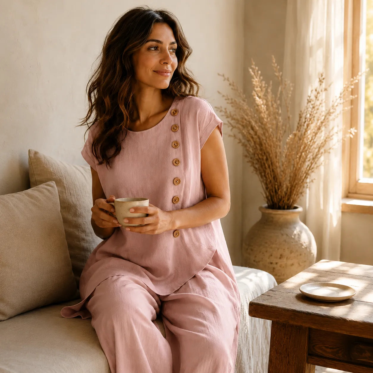Asymmetric Hem Matching Set with Wide-Leg Pants