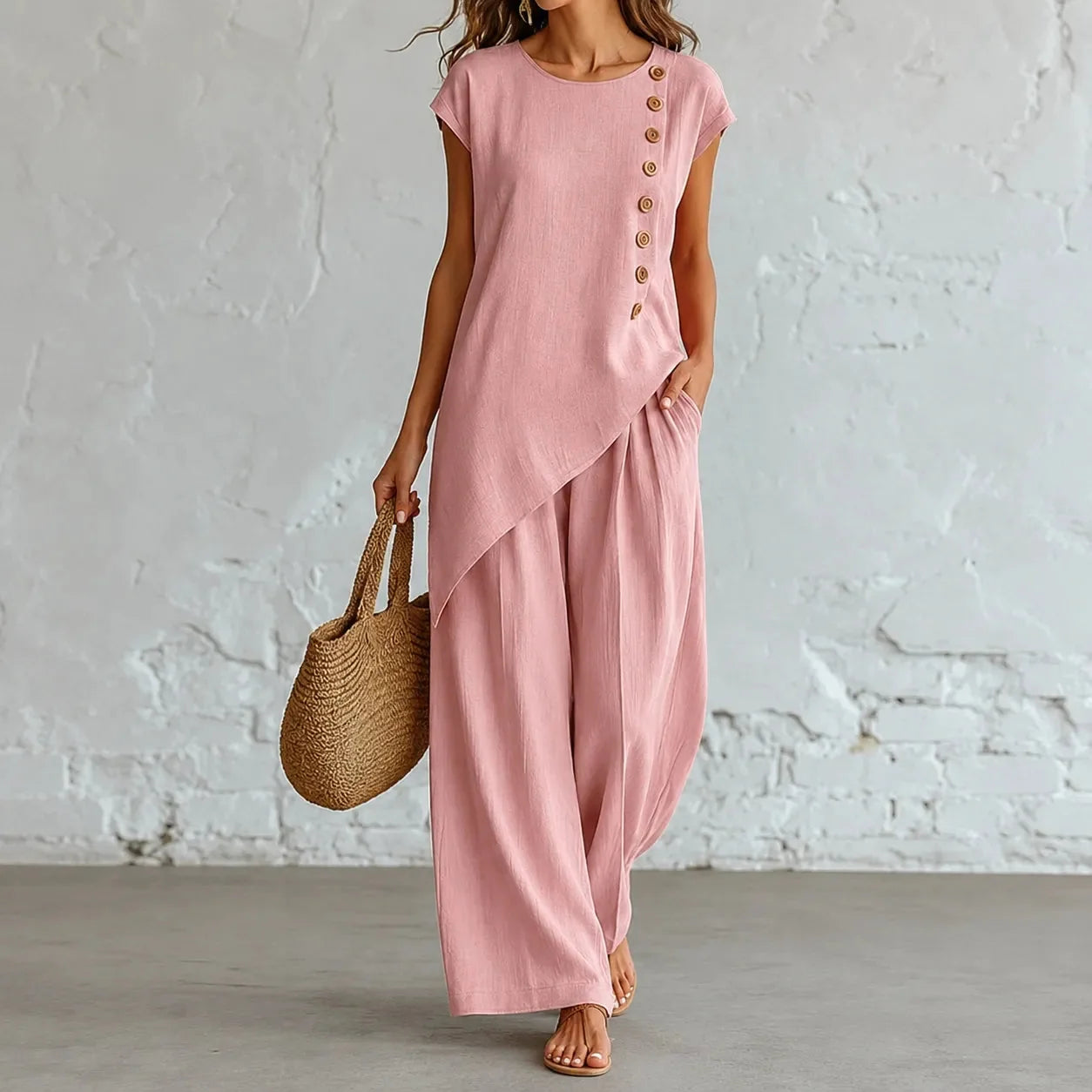 Asymmetric Hem Matching Set with Wide-Leg Pants
