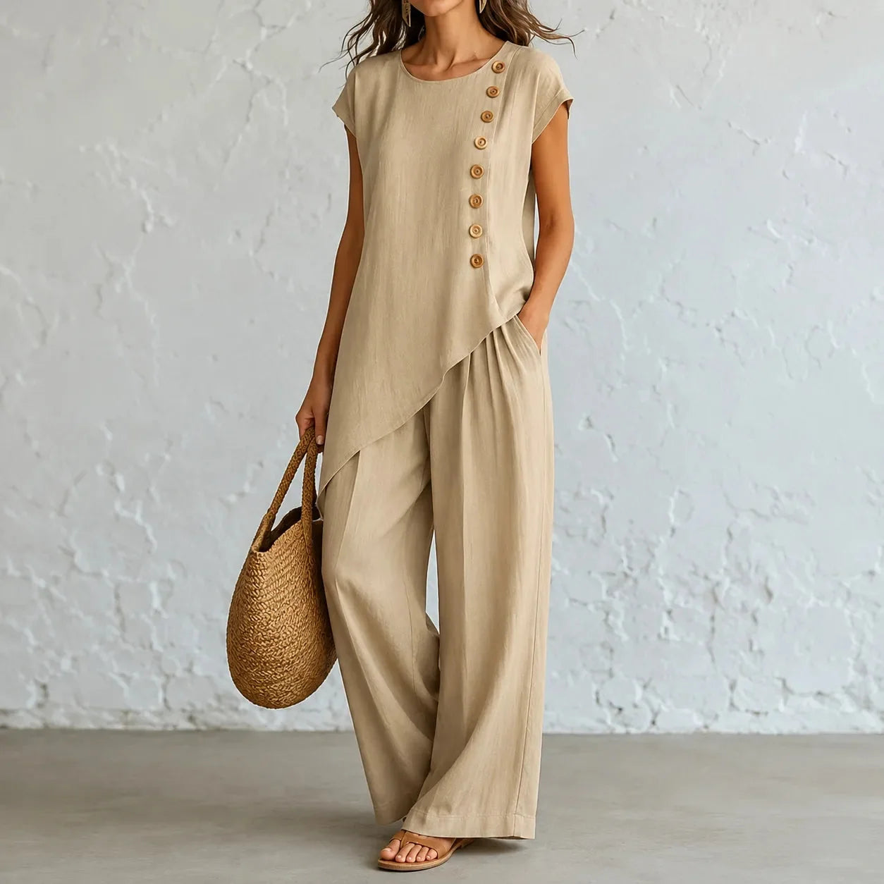 Asymmetric Hem Matching Set with Wide-Leg Pants