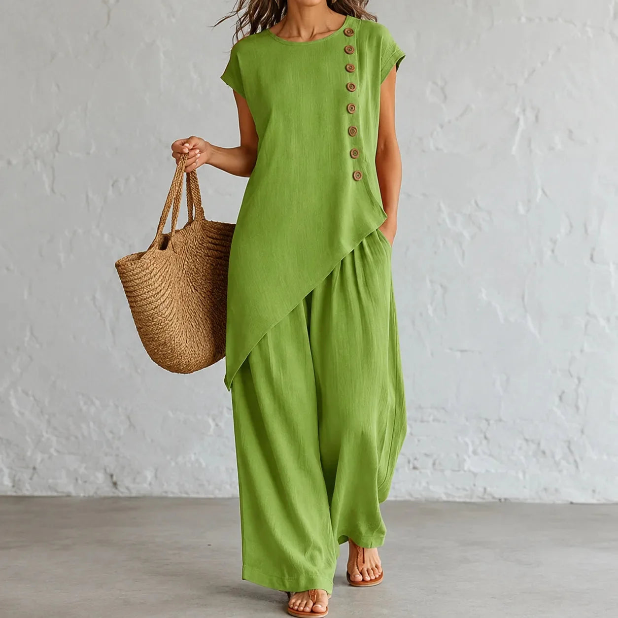 Asymmetric Hem Matching Set with Wide-Leg Pants