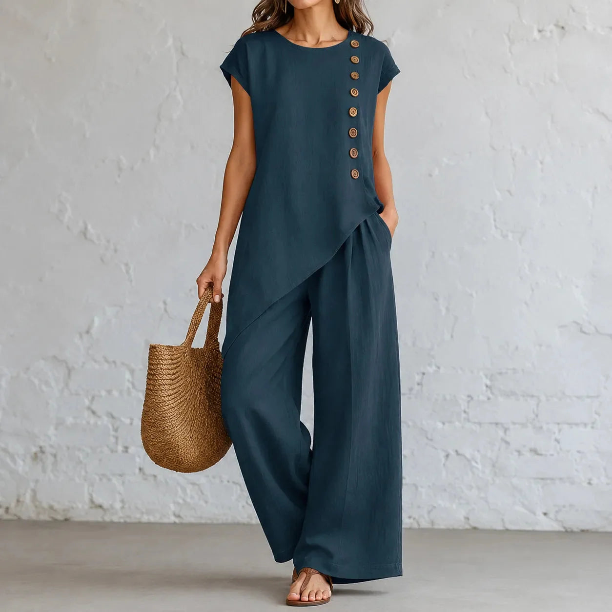 Asymmetric Hem Matching Set with Wide-Leg Pants