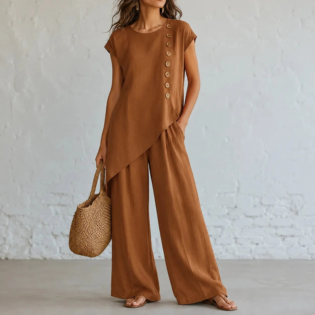 Asymmetric Hem Matching Set with Wide-Leg Pants