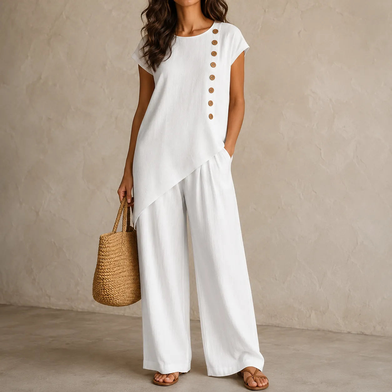 Asymmetric Hem Matching Set with Wide-Leg Pants