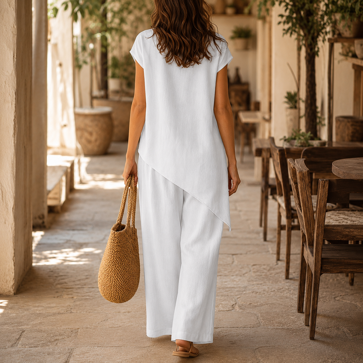 Asymmetric Hem Matching Set with Wide-Leg Pants