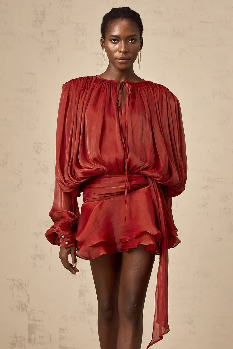 Balloon-Sleeve Dress with Defined Waist | Flowy Midi Dress for Elegant Occasions