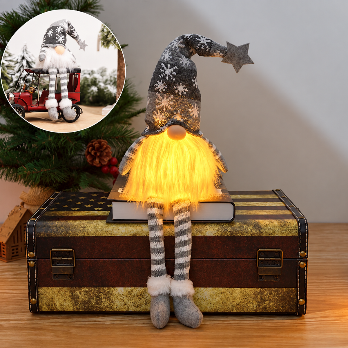 Battery-Operated Scandinavian LED Christmas Gnome with Warm White Light and Long Hat