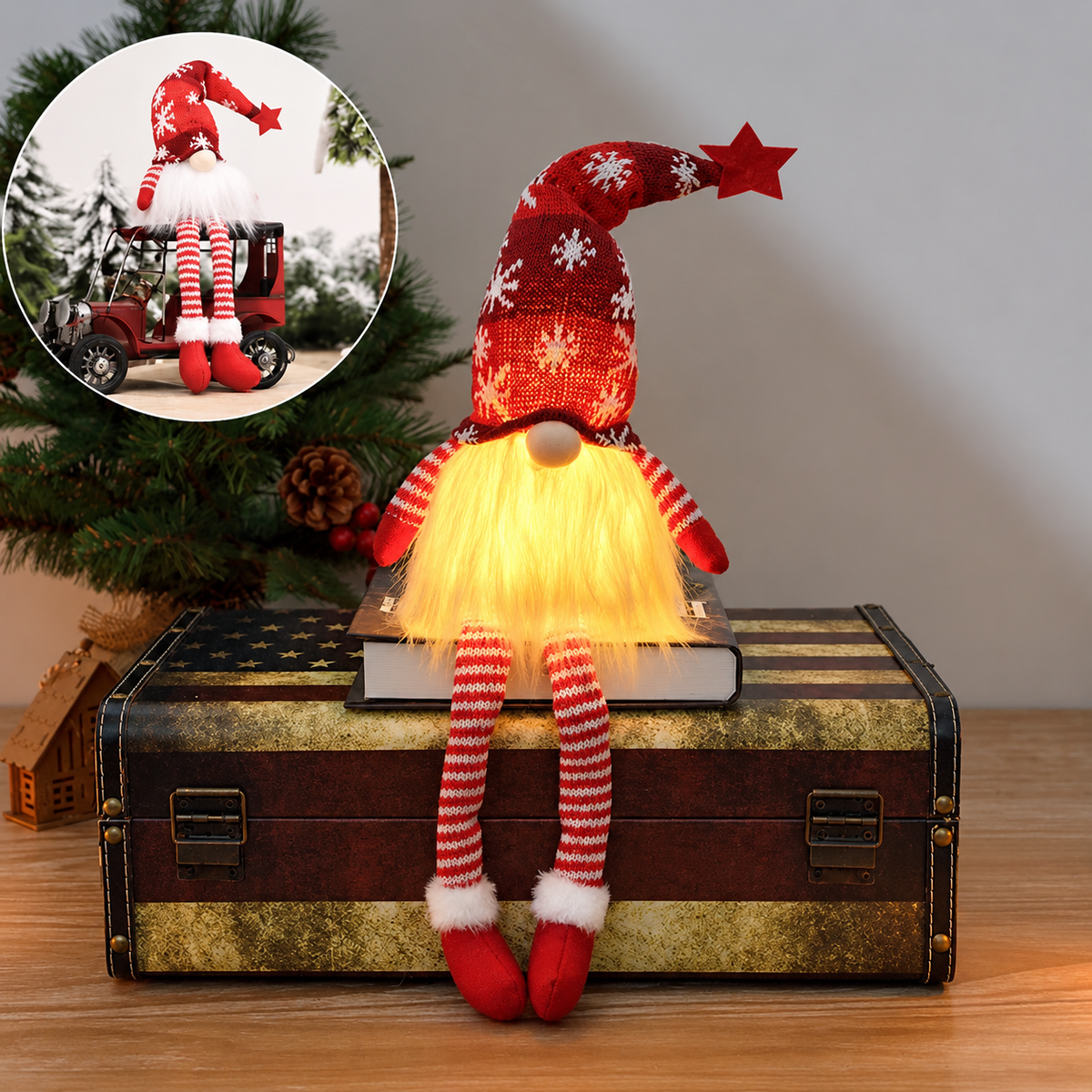 Battery-Operated Scandinavian LED Christmas Gnome with Warm White Light and Long Hat